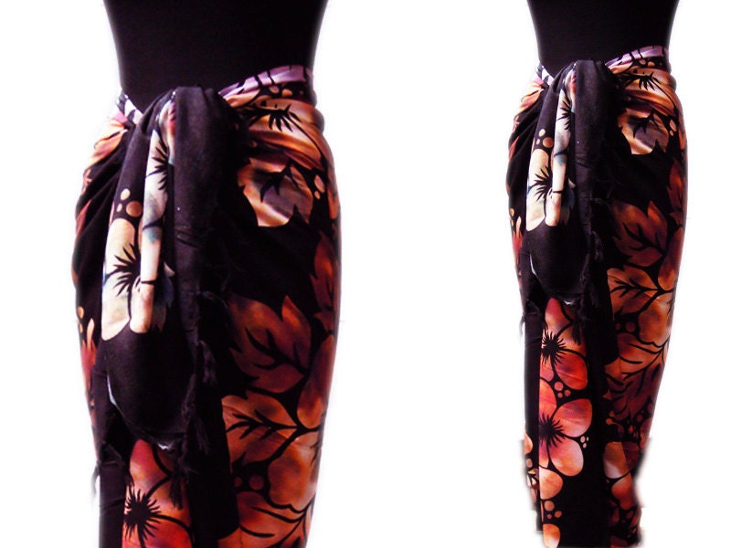 BALI Beach Sarong, Batik Sarongs, Pareo, Beach Cover up, Swimwear, HANDMADE, Black Red, Rayon, Size 47 x 71 inches.