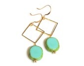 Teal and Gold Earrings, Diamond Dangle Earrings, Geometric Jewelry, Turquoise Mint Green Earrings, Tiffany Blue
