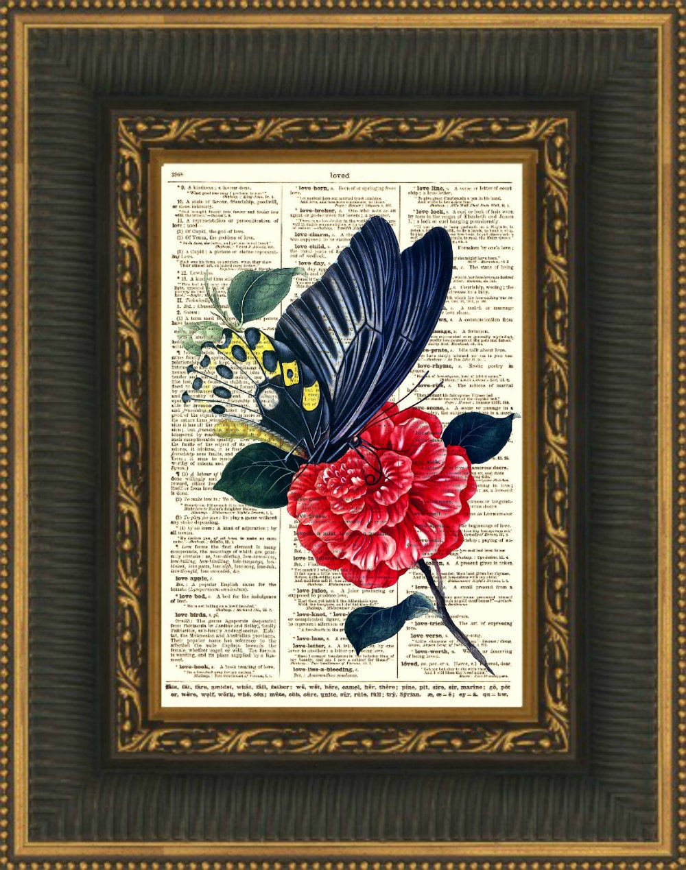 Black and Yellow Butterfly on Antique Book Page, Dictionary Art Print, Butterfly Art, Wall Decor, Dictionary Page Art, Mixed Media