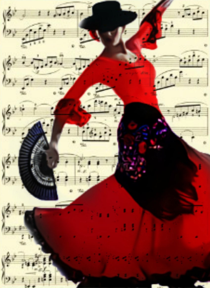 Flamenco Dancer on 1894 Music Page, Music Sheet Art, Flamenco Illustration on Antique Chopin Music Page, Dance, Mixed Media Art