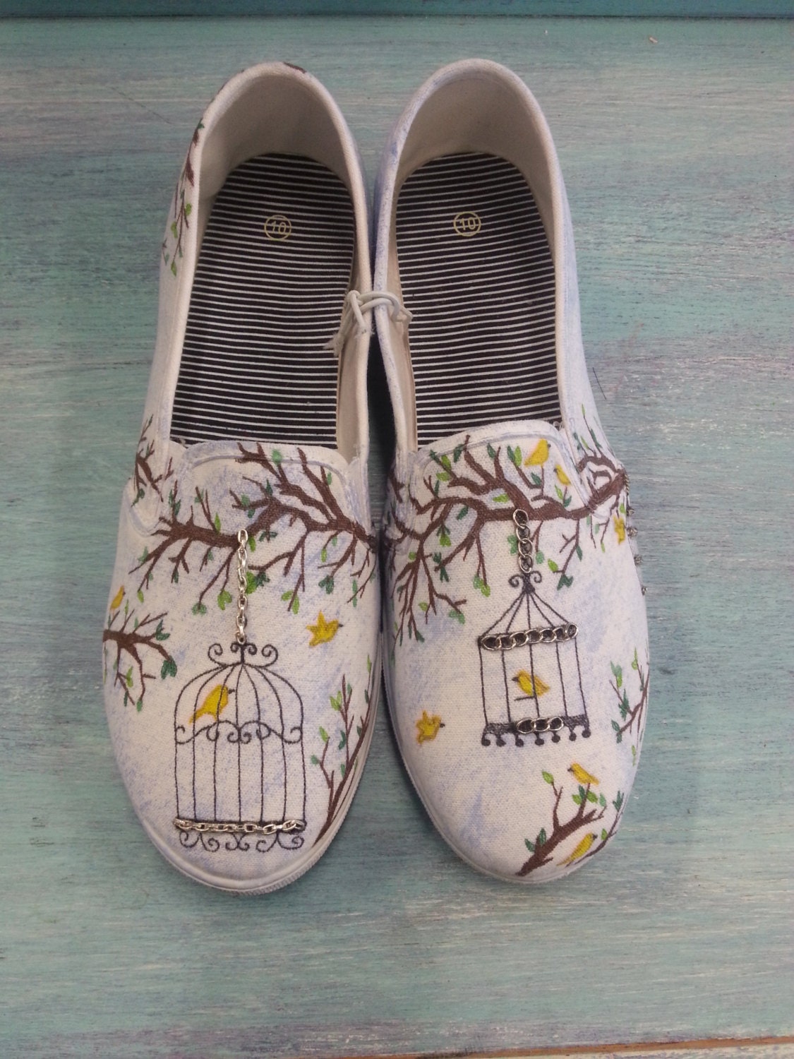 Intricate Hand Drawn Vintage Birdcage Decorated Womens Canvas Flats/Canvas Shoes (Slip On Vans Style)