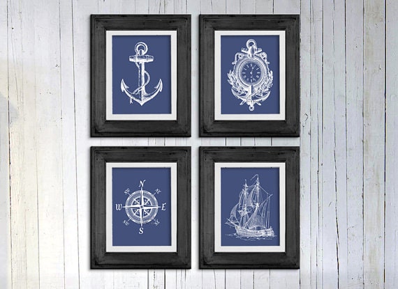 Nautical art gift set Navy blue and white Boat anchor Vintage ship Compass sailor clock Boys room Beach house Nautical nursery 8x10 print