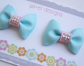 Teal and Pink Baby Bow Hair Clip Set of Two - Tiffany Blue Pigtail Bow Set - Girl Hair Bows - Newborn, infant, toddler Hair Bow