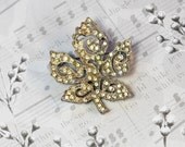 Vintage Leaf Brooch / Pin, Pave Rhinestone, Glass Crystals, Ornate Silver Tone Metal, 1920s 1930s Art Deco, Wedding Bridal Jewelry