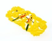 Vintage Celluloid Brooch / Pin, Tropical Parrots Flowers, Yellow Colorful, 1940s Retro WWII Exotic Bird Floral Beach Jewelry