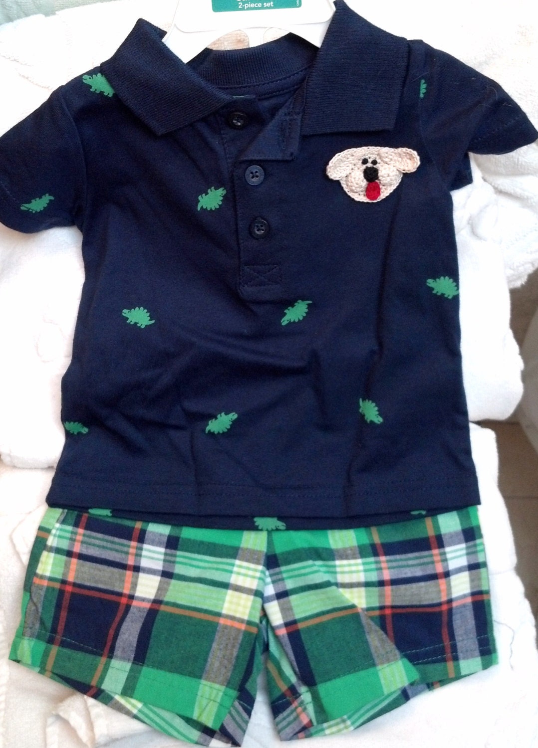 Boys Baby Infant  Dinosaur 2 Piece Set (Shorts, Shirt) - Handmade Puppy Dog Face - Navy Green Plaid - Size 6 months