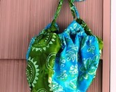 Handmade Large Tote Bag Hobo Style Turquoise Green Batik Cotton Denim Lining