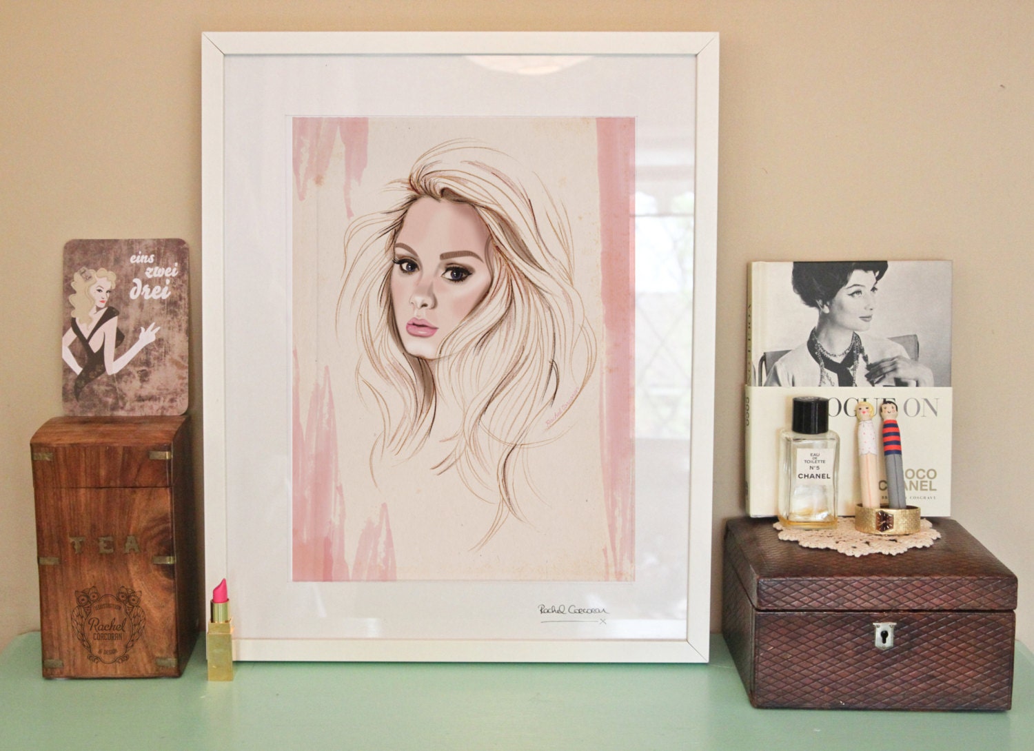 ADELE Portrait Poster - Fashion Illustration - Pencil Drawing - Pink - Blush - Peach - Brown - Beige
