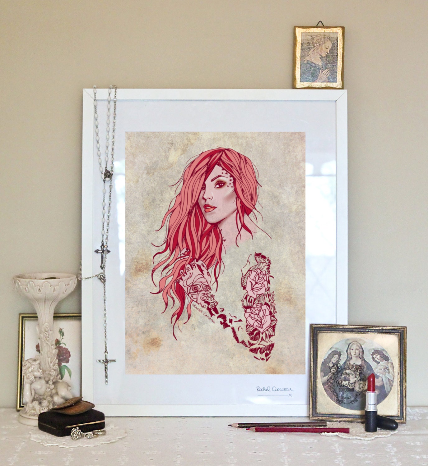 KAT VON D Portrait Poster - Custom Portrait - Tattoo Art - Make Up - Fashion Illustration - Pink - Red