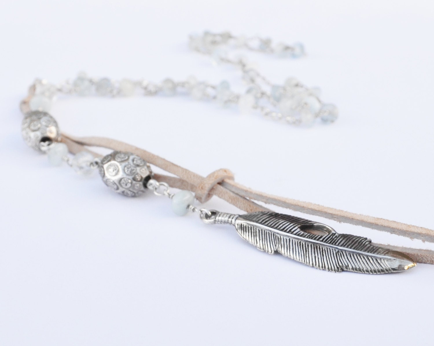 Fair Trade Feather Statement Necklace with Aquamarine