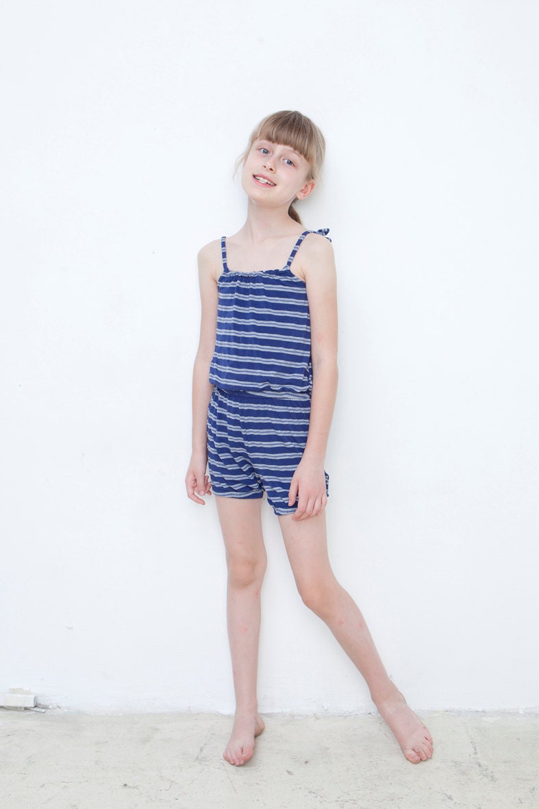 Stripes romper, blue girl's summer outfit, cotton sunsuit, baby jumper, girls clothing, toddler overall one piece, baby birthday gift