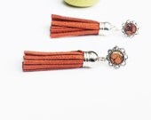 Leather Tassels, Memorial Day Sale, Tassel Earrings, orange jewelry, faux suede tassels, silver boho post earrings, boho chic jewelry