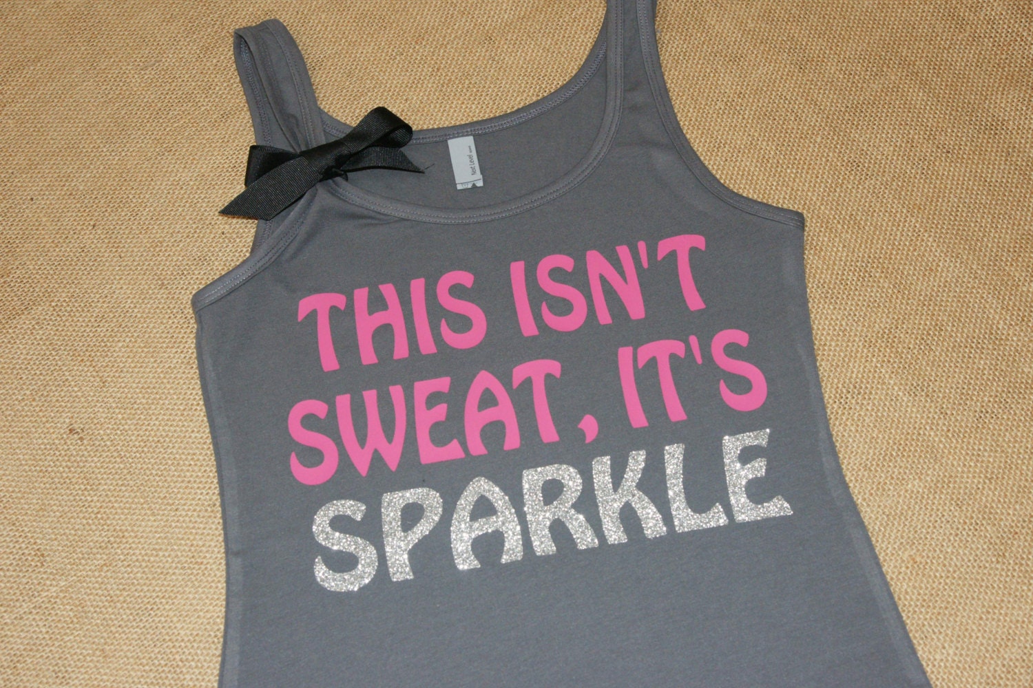 This Isn't Sweat, It's Sparkle. Glitter Writing. Bow. Tank. Size S-XL. Exercise. Women. Workout. Fitness. Marathon.