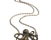Octopus Necklace - Antique Bronze Metal, Nautical Jewelry, Vintage, Large, Sailor-Inspired, Sea Creature, Squid, Kraken, 18" Link Chain
