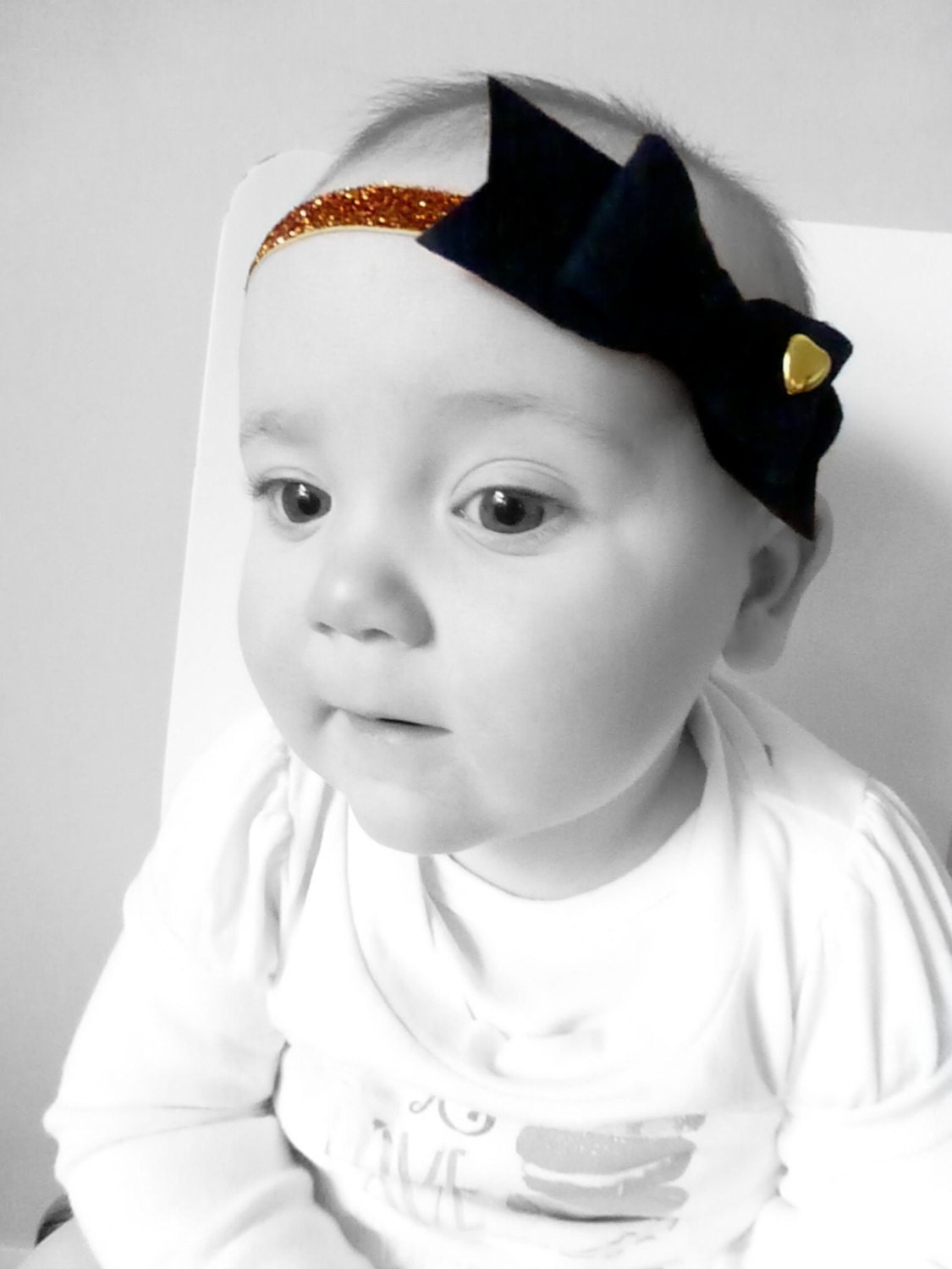 Felt Bow Headband - Black Wool Felt  Bow with Gold Heart Stud On Gold Glitter Elastic - Medium Bow Size