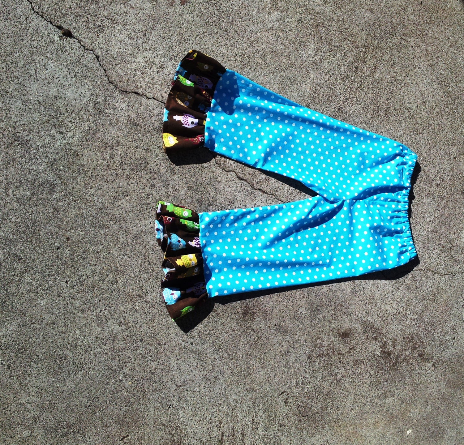 Girls capri pants summer cotton pants, aqua with white polka dots owl ruffle trim
