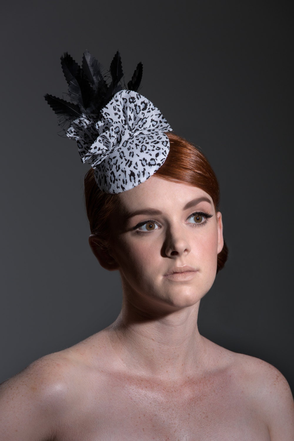 Black Feather Veil Leopard Print Fascinator Hat, Retro Inspired Rockabilly Punk Burlesque Pin Up Girl