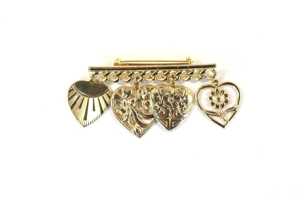 Vintage Sweatheart Brooch - 1960's Bar Pin Gold Hearts