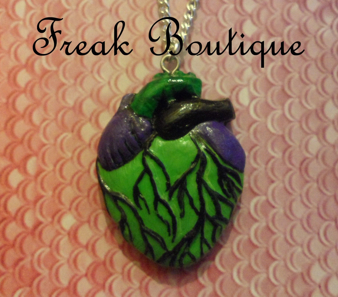 Handmade Radioactive Human Heart necklace (Weird Valentines Girlfriend Polymer clay)