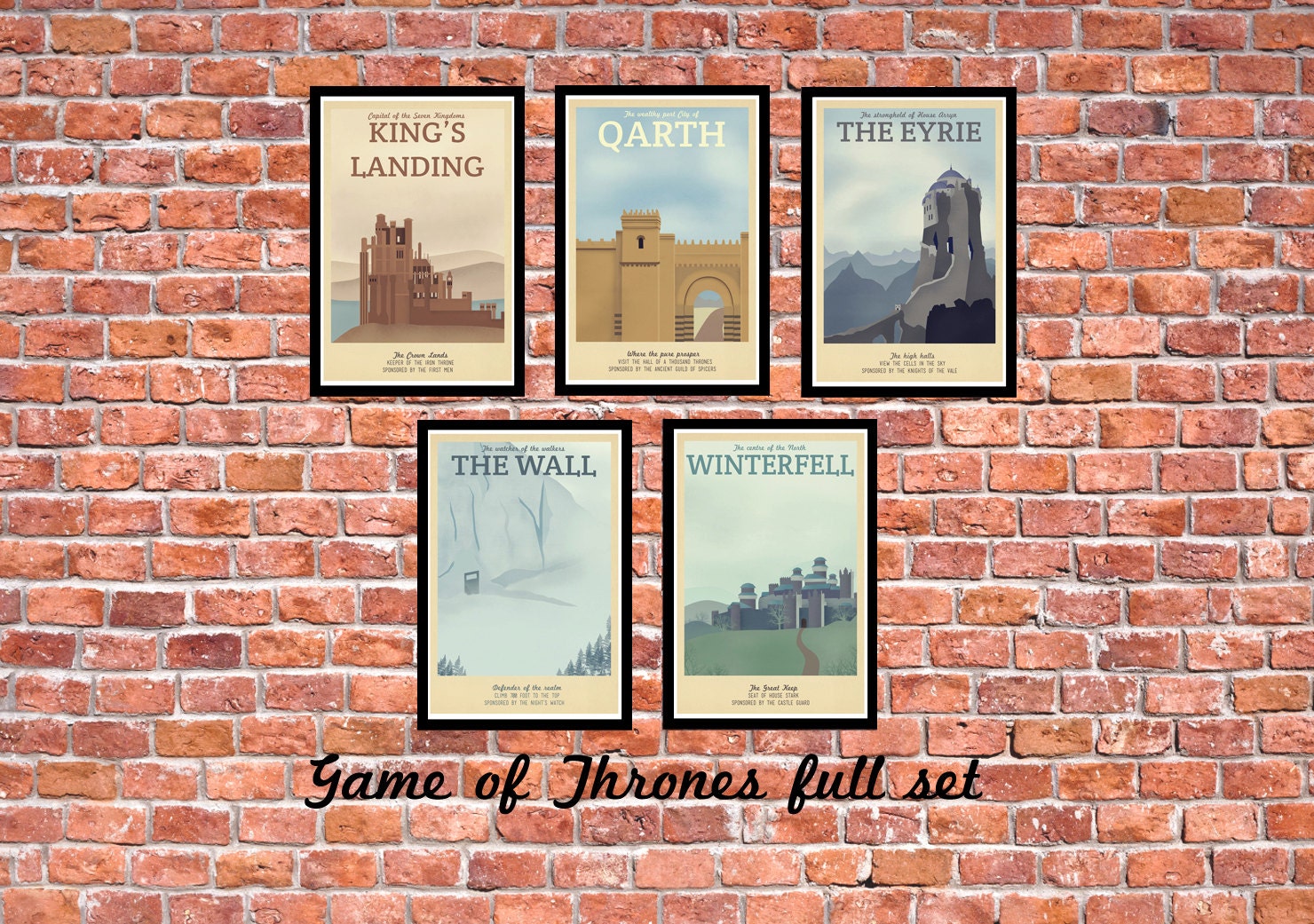 Retro Travel Poster - Game of Thrones - SET OF 5 - A5 Modern Vintage Stark Lannister Jon Snow Tyrion Daenerys Typography Art Print