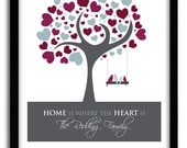 Family Tree Art Personalized with Family Name, "home is where the heart is" Quote Print, You Pick colors 8x10 Print