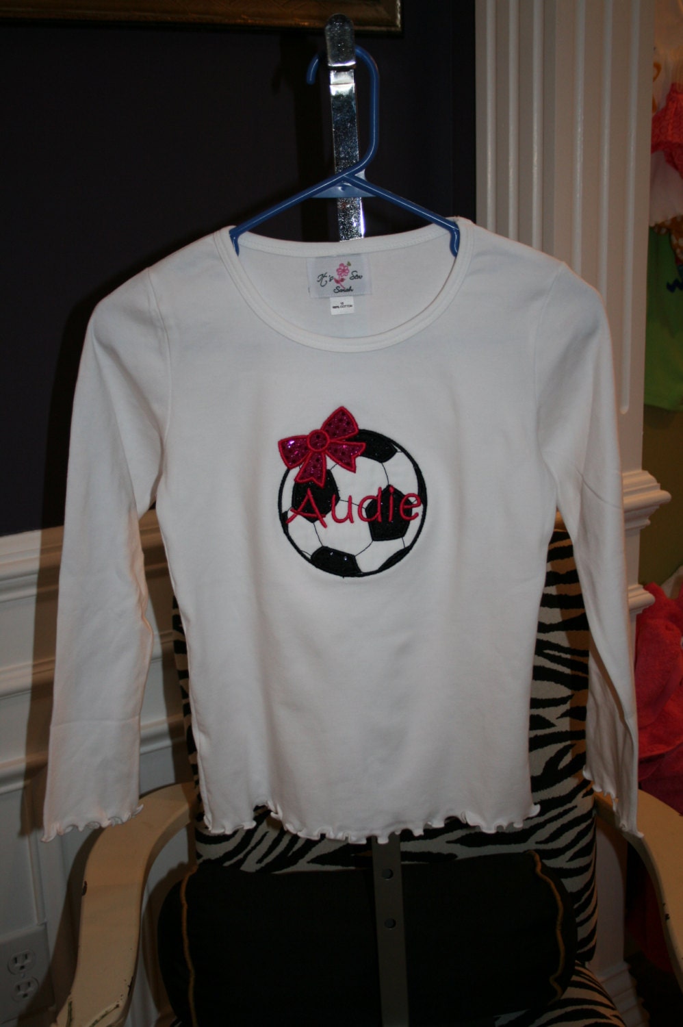 Bling soccer ball with bow t-shirt with name size 6-12m - 12 personalized with name or number.