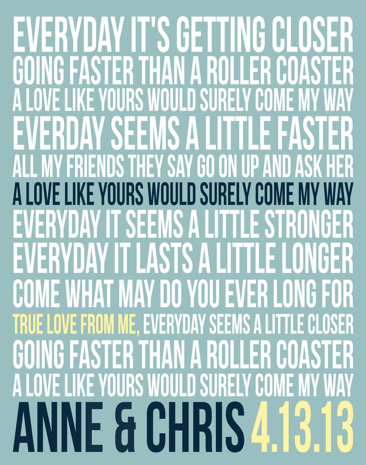 Custom Song Lyric Canvas - Anniversary/Wedding Song - 12x16 - Custom Colors - CANVAS