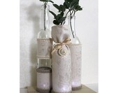 SET(3) Decorated Wine Bottle Centerpiece Candle Holder Lantern Vintage Rustic Chic Beige Ivory & Gold. Wedding Table Centerpieces Ideas