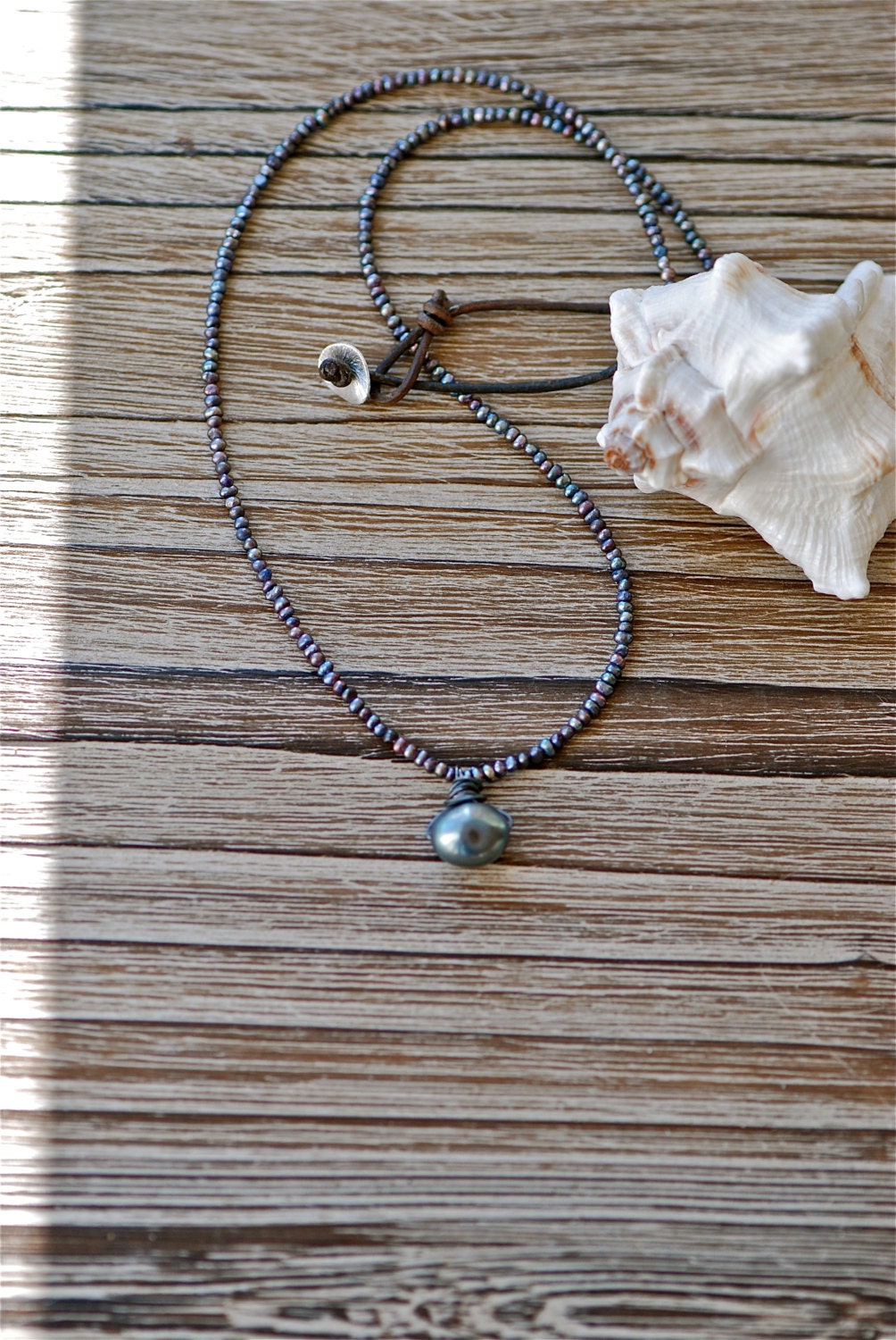 Peacock Blue Seed Pearl and Tahitian Black Baroque Pearl Leather Necklace,  Handmade Jewelry, Delicate Jewelry, Artisan Jewelry