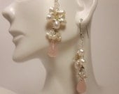 Sterling Silver Earrings of Wire Wrapped Freshwater Pearl Flowers w/ Waterfall of Button Pearls, Swarovski Crystals & Rose Quartz Briolettes
