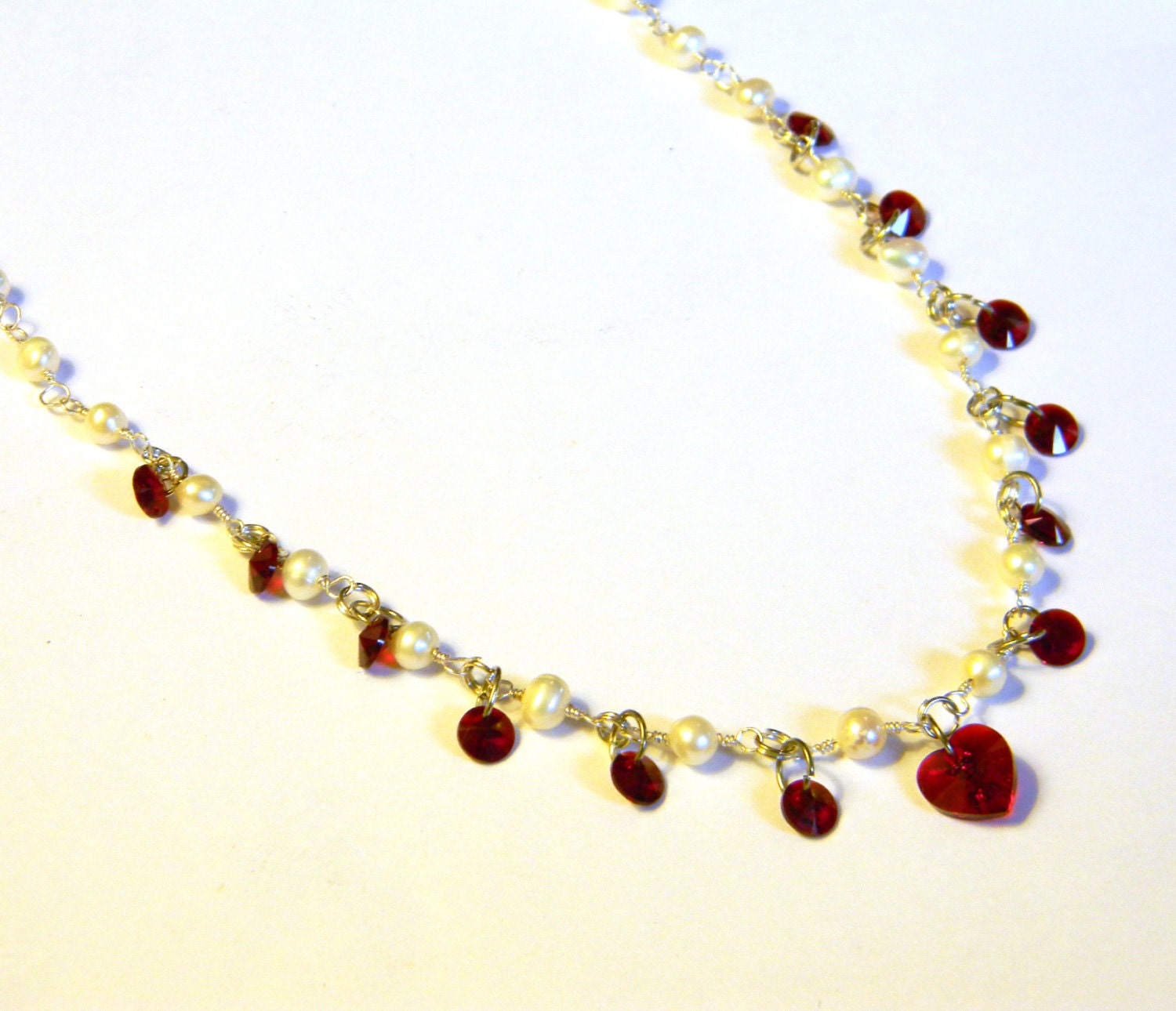 Red Heart Swarovski Crystal Peantant Charm and Wire Wrapped Ivory Pearl Necklace - Valentines Day Jewelry - Wire Wrapped - Gift Under 25, 50