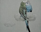 Original Drawing of Nuzzling Budgies - Whimsical Love Birds, Valentines Gift, Gift for Couple, Gift for Girlfriend, Love Art, Cute