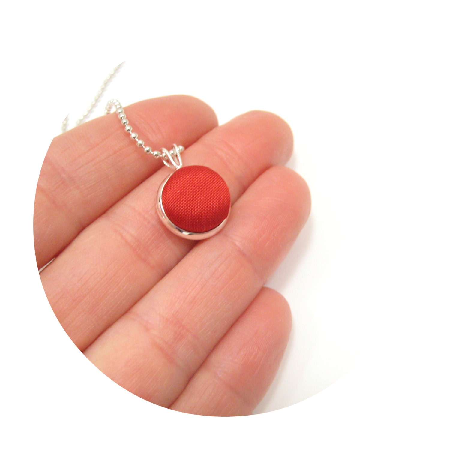 Dainty necklace, Red wedding Bridesmaids necklaces, tiny silk button pendant on thin silver chain, Bridesmaids gifts (SF)