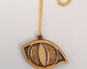 SALE- Wood and Resin Cat-Eye Short Pendant Necklace - Laser-Cut Wood and Acrylic with Resin and Gold Leaf