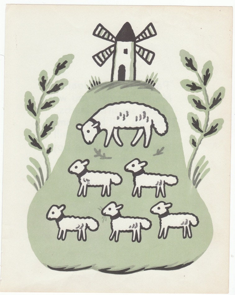 1950s Vintage print Five lambs spring wall art decor sheep print from childrens book by Francoise