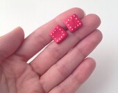 Red Square stud earrings with light pink and white dots, Paper mache
