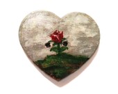 Red Flower Button Grey Gray Sky Cloud Cloudy Hand Painted Original Painting Heart Shaped Wood Wooden Button Sewing Knitting Crochet