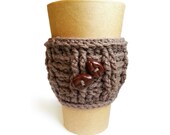 Coffee Bean Cup Cozy Ribbed Sleeve Taupe Mocha Brown Textured Button Crochet Holder Handmade Buttons