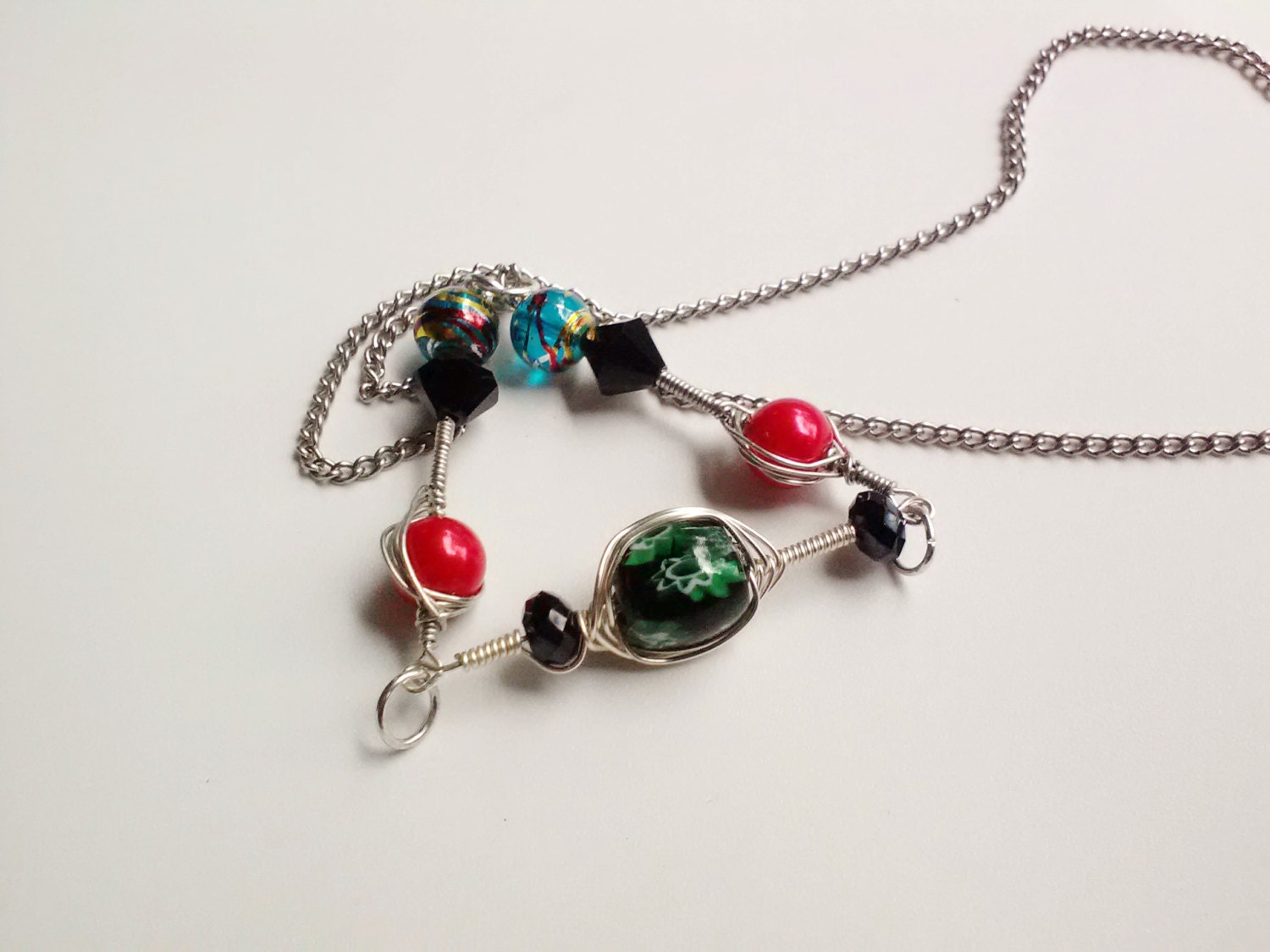 Silver Wrapped Beaded Triangle Pendant Necklace, Green, Turquoise, Red Pink, Minimalist Jewelry, Lampworked Glass, Abstract Jewelry, Chain