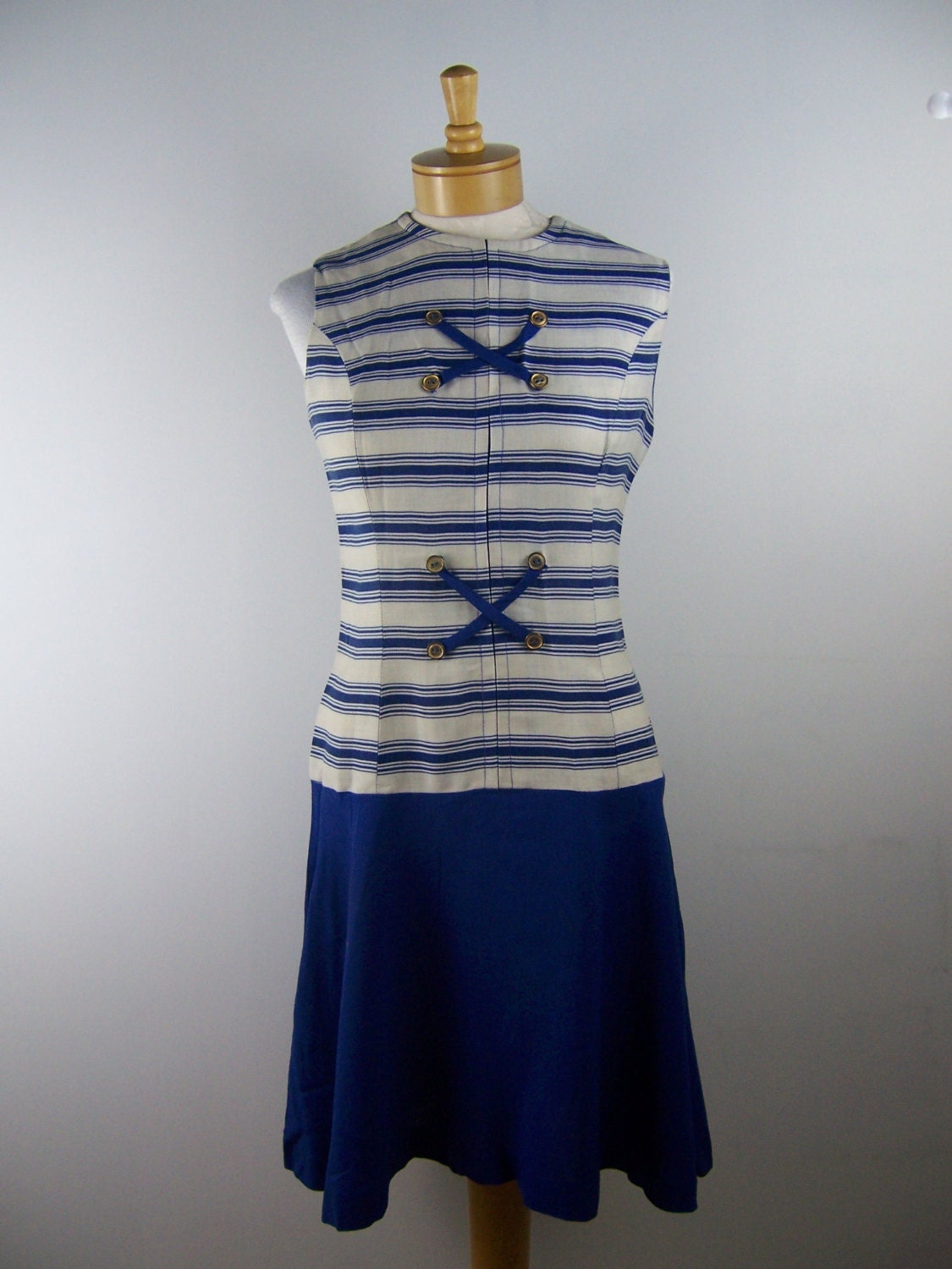 Hello Sailor Blue White Nautical Stripe 1960s Vintage Dress