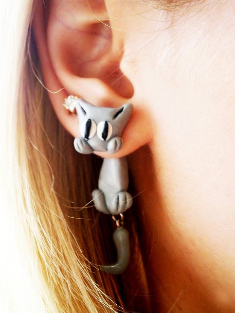 Pair of Real Custom Gauges Plugs 0g, 00g, 7/16, 1/2, 9/16, 5/8, 3/4, 7/8, 1 inch earrings  grey gray cat, Polymerclay, handmade