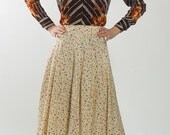 1970's Beige Circle Skirt - Vintage 1980's Abstract Print Dot Cotton Garden Indie Disco Hippie Boho Casual Preppy Summer Maxi Skirt S M