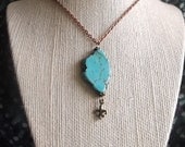 Rustic Southwest Turquoise Magnesite / Howlite Stone Nugget Slice Necklace: Natural Stone on Brass Chain w/ Fleur de Lis