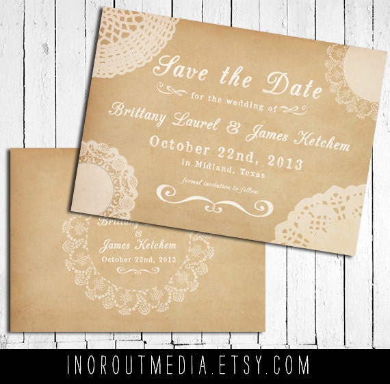 Lace and Vintage Save the Date Card - Rustic Country wedding, Lace doilies, Antique background, Vintage colors