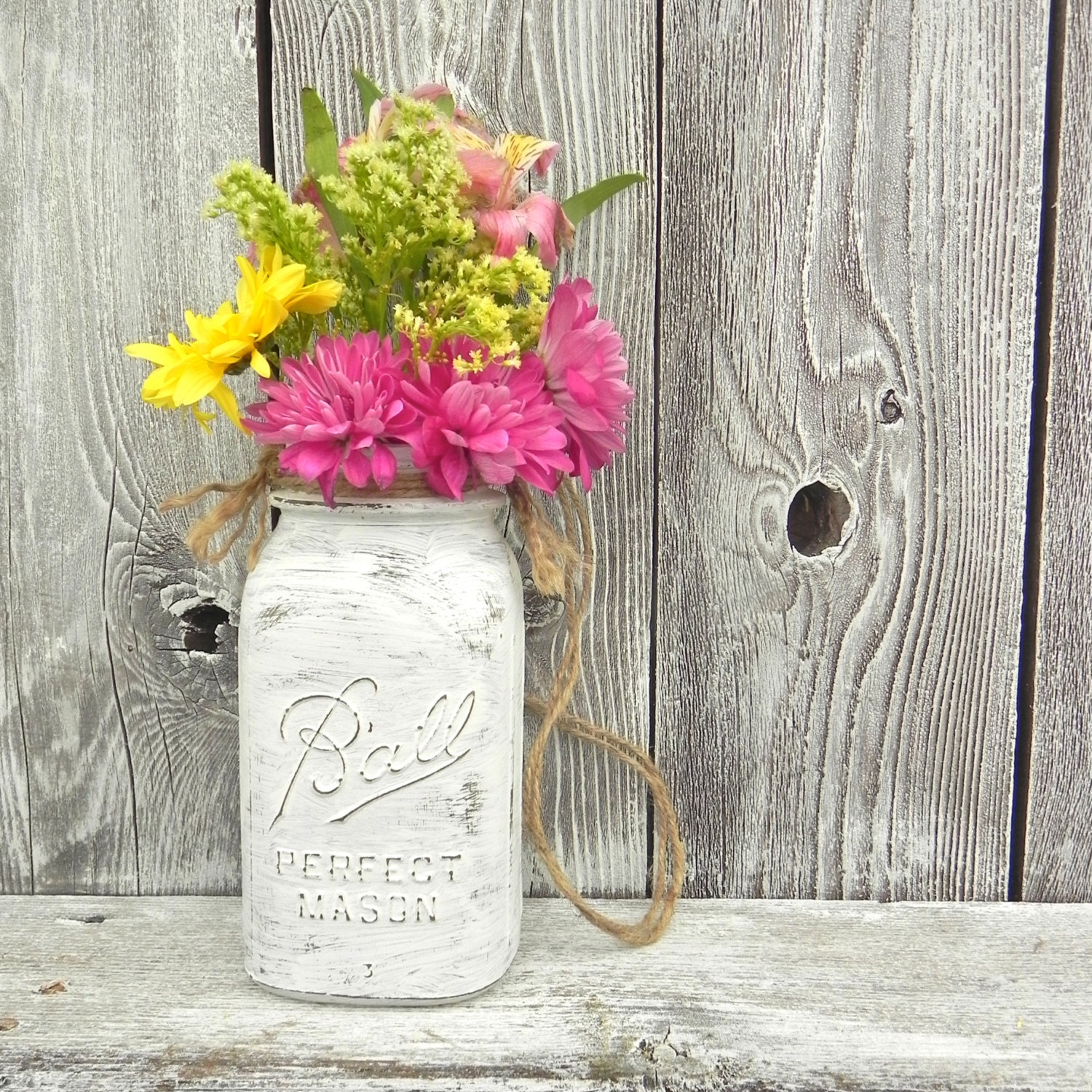 Hanging Quart Mason Jar Painted White Shabby Chic, Jute Twine Hanger, Country Rustic Wedding Flower Decoration