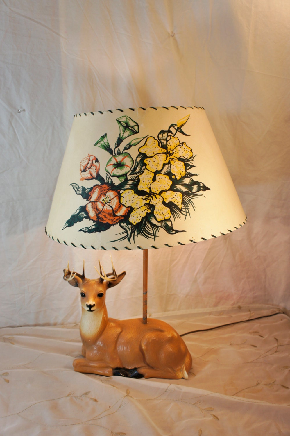 table lamp deer bank paper shade with flowers and green lacing cabin woodlands decor