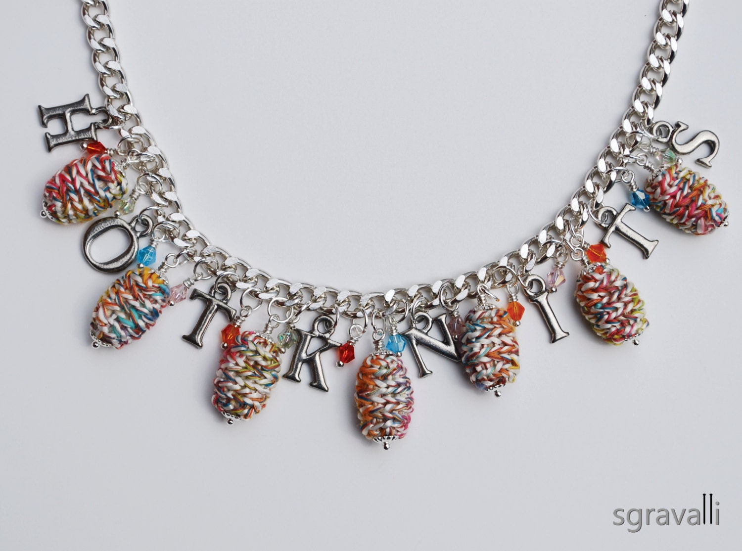 Multicolor Charm Necklace. Letter Charm Dangle Silver Color Chain Necklace. Orange Red Blue Green. Hand Knitted Fashion. HOT KNITS necklace.