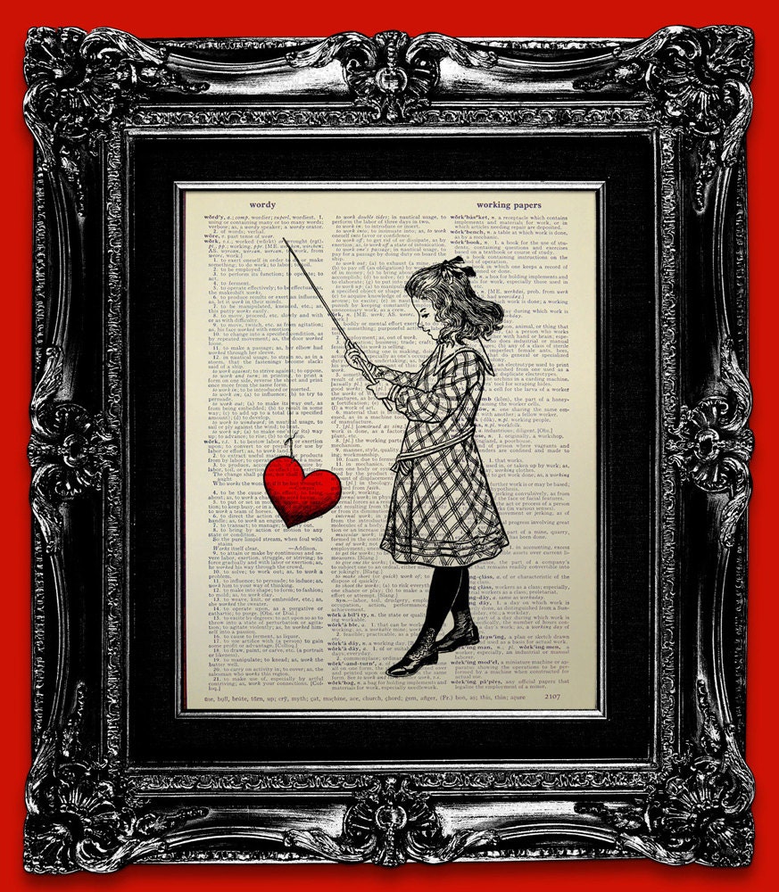 WALL HANGING Decorative ART, Little Girl Nursery Art Love Heart Print on Book Page Art Book Page Print Fishing Art Room Decor - Fishing Love
