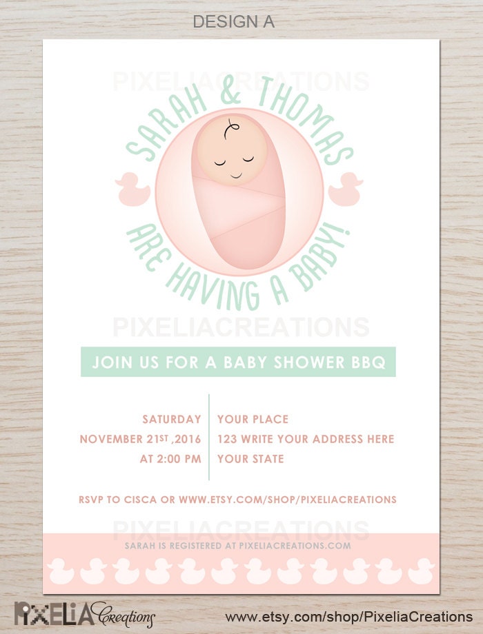 Cute and Unique printable baby shower invitation in peach and light green