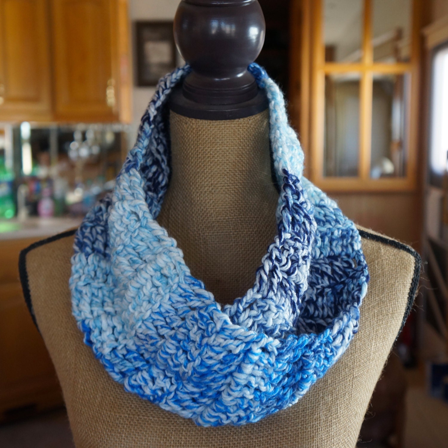 Cowl, Chunky, Infinity, Scarf, Navy Blue, Light Blue, Blue, White, Soft, Warmth, Winter, Spring, Summer